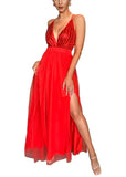 Red Offsholder Women's Solid Mesh Spaghetti Strap Sequin Cross Back Elegant Evening Party Dress - Fuedage | Women's Formal Dresses