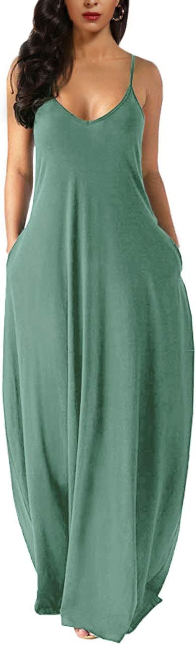 Lake Green Womens Casual Sleeveless Plus Size Loose Plain Long Maxi Dress with Pockets - Wolddress | Women's Casual Dresses