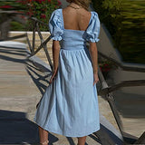 Ladies Summer Casual Short Sleeve O-Neck Solid Dresses Cotton and Line Slim Dress Bodycon Dress Office Wear for Casual Club Cocktail Evening Gowns Work UK Size 8-26 | Women's Work Dresses