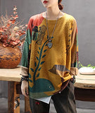 Yellow Women Long Sleeve Jumpers Knitted Graphic Sweater Crew Neck Loose Pullover Sweater Tops - Yesno | Women's Jumpers