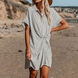 Ladies Summer Casual Button Slim Tie Striped Shirt Short Sleeve Mini Dress UK Size Evening Gowns Work Maxi Dress | Women's Work Dresses