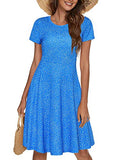 Blue Polke Dots 105 Spring/Summer Casual Women Short Sleeve Round Neck A Line Fit and Flare Midi Skater Dress - HUHOT | Women's Casual Dresses