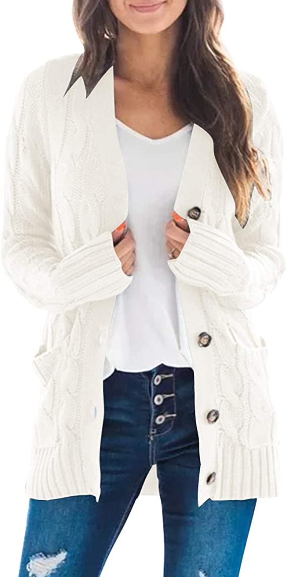 Beige Women's Long Sleeve Cable Knit Sweater Open Front Cardigan Button Loose Outerwear - MEROKEETY | Women's Cardigan