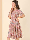 Women's Ruffle Hem Elastic Tie V Neck Bell Sleeve Floral Dress | Original Brand