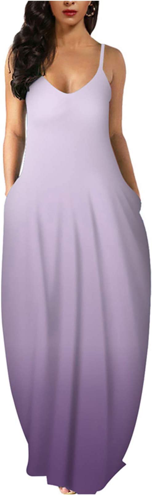 Gradient Light Purple Womens Casual Sleeveless Plus Size Loose Plain Long Maxi Dress with Pockets - Wolddress | Women's Casual Dresses