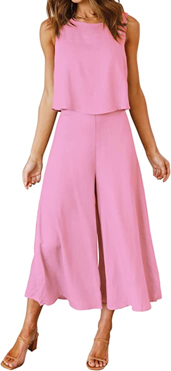Light Cherry Pink Women's Summer 2 Piece Outfits Round Neck Crop Basic Top Cropped Wide Leg Pants Set Jumpsuits - ROYLAMP | Women's Romper & Jumper Suit