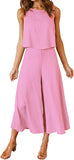 Light Cherry Pink Women's Summer 2 Piece Outfits Round Neck Crop Basic Top Cropped Wide Leg Pants Set Jumpsuits - ROYLAMP | Women's Romper & Jumper Suit