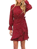 Women's Dress Polka Dot Floral Print Long Sleeve Crewneck Fishtail Ruffle Hem Short Mini Dresses