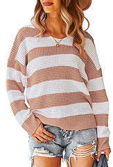 Cawaee Women's Relaxed Loose Striped Color Boyfriend Ribbed Sweater Long Sleeve Pullover