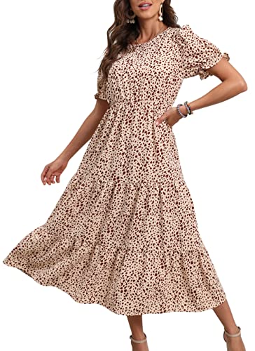 Apricot Summer Midi Dress Floral Print Boho Dress Ruffle Puff Sleeve High Waist A-Line Casual Boho Cocktail Holiday Beach Long Dress - GRECERELLE