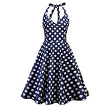 Women 50's Vintage Polka Dot Bridesmaid Gown Cocktail Party Halter Swing Dress Navy Blue