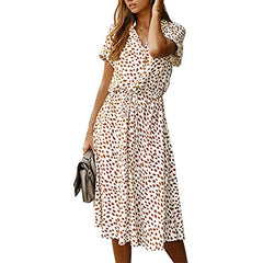 SotRong Floral Casual Short Sleeve Dresses for Women V-Neck High Waist Boho Midi Dress Swing Beach Holiday Button Dress