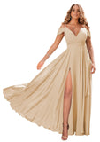 Champagne Women's Off Shoulder Bridesmaid Dresses Long Chiffon Formal Dress with Slit - Clothfun