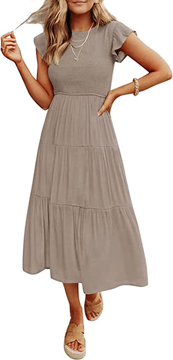 Light Khaki Women's Summer Casual Flutter Short Sleeve Crew Neck Smocked Elastic Waist Tiered Midi Dress - ZESICA | Women's Casual Dresses
