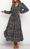 Women's Boho Leopard Print Ruffle Long Sleeve V Neck Casual Flowy Party Maxi Dress | Women's Casual Dresses