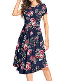 Rose Navy Summer Polka Dot Casual Midi Tunic Short/Long Sleeve Plain Dress Pleated Loose Flowy Floral Ladies Dress with Pocket - YUNDAI | Women's Casual Dresses