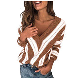 Loose V neck Striped Patchwork Pullover for Women Long Sleeve Casual Knit Sweater Warm Winter Knit Coat Outwear