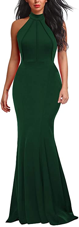 Dark-green Women's Elegant Chic Halter Neck Sleeveless Solid Stretchy Wedding Guest Mermaid Long Evening Dress - Berydress | Women's Formal Dresses