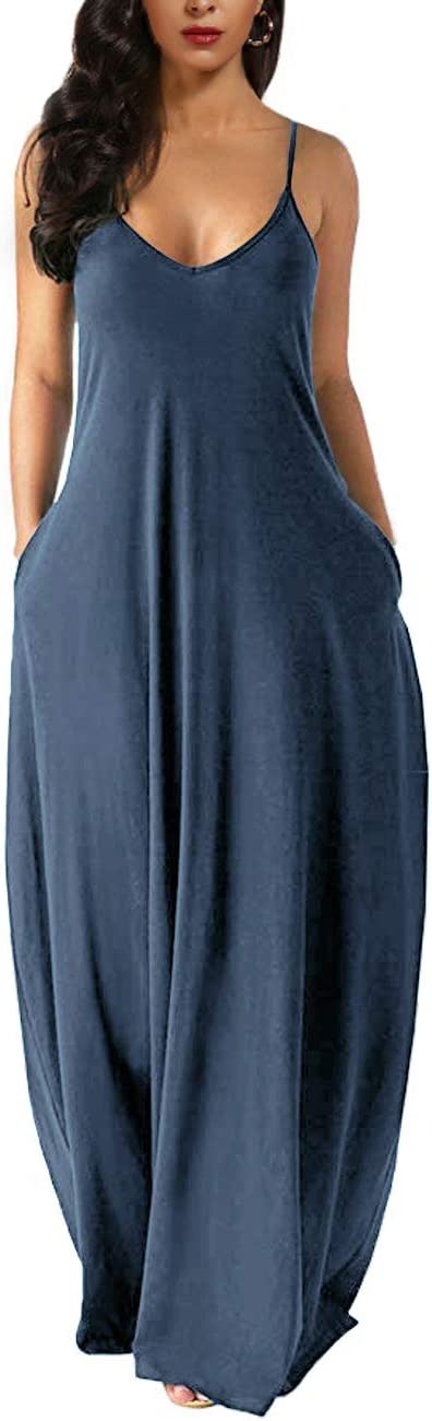 Grey Blue Womens Casual Sleeveless Plus Size Loose Plain Long Maxi Dress with Pockets - Wolddress | Women's Casual Dresses