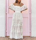 Womens Casual Off Shoulder Maxi Dress White Lace Sleeve Beach Dresses