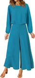 Lake Blue Women's Summer 2 Piece Outfits Round Neck Crop Basic Top Cropped Wide Leg Pants Set Jumpsuits - ROYLAMP | Women's Romper & Jumper Suit