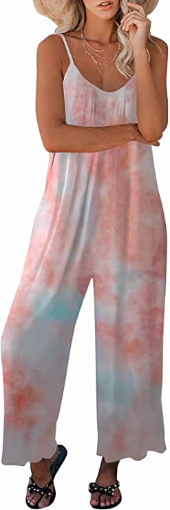 Tie Dye D Casual Sleeveless Strap Loose Adjustable Jumpsuits Stretchy Long Pants Romper with Pockets - SNUGWIND | Women's Romper & Jumper Suit