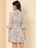 Women's Floral Smocked High Neck 4-Mar Bell Sleeve Belted Flare Ruffle Dress