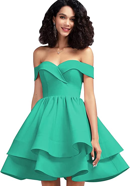 Turquoise Off Shoulder Short Prom Dress Satin Homecoming Dresses for Teens A Line Cocktail Party Gowns Mini Dress - Homdor | Women's Cocktail Dresses