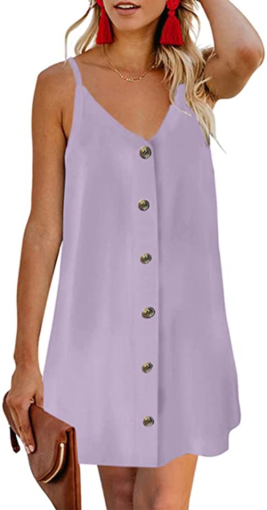 Purple Women Summer Spaghetti Strap Button Down V Neck Sleeveless Casual Mini Dress - AlvaQ | Women's Cocktail Dresses