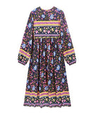 Women's Casual Bohemian Print Neck Tie Long Sleeve Beach Style Long Midi Dress Vocation Dress