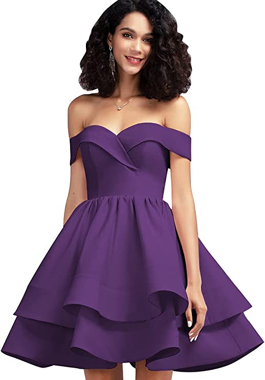 Grape Off Shoulder Short Prom Dress Satin Homecoming Dresses for Teens A Line Cocktail Party Gowns Mini Dress - Homdor | Women's Cocktail Dresses