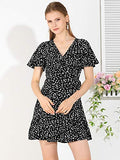 Women's Wrap V Neck Ruffled Flutter Sleeves Belted Printed Flowy Dress | Original Brand