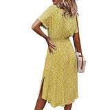 Women's Fashion Floral Print Belted Loose Shirt Dress Casual Short Sleeve Button Down Midi Dress | Original Brand