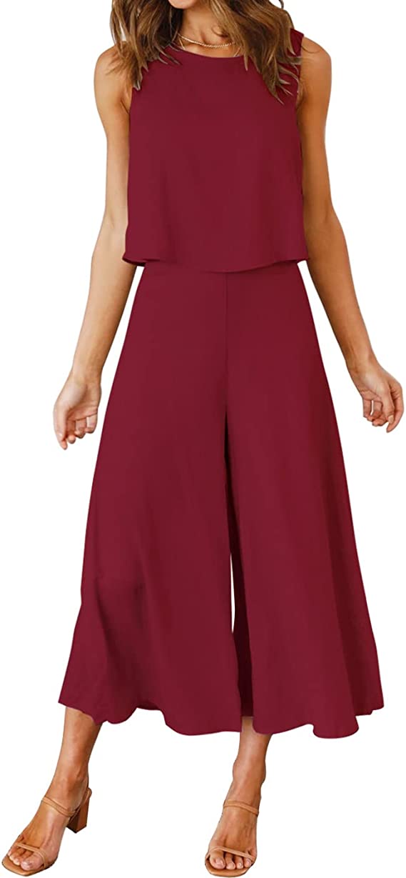 Burgundy Women's Summer 2 Piece Outfits Round Neck Crop Basic Top Cropped Wide Leg Pants Set Jumpsuits - ROYLAMP | Women's Romper & Jumper Suit