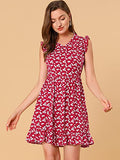 Women's Floral Print V Neck A-Line Summer Sleeveless Ruffle Mini Dress