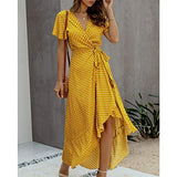 Summer Casual Dresses for Women UK Polka Dots Short Sleeve Wrap-Front Midi Dress in Linen-Cotton Yellow