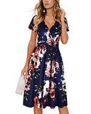 Navy Red Floral Summer Short Sleeve V-Neck Floral Casual Ladies Dress with Pockets - OUGES | Women's Casual Dresses