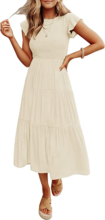 Apricot Women's Summer Casual Flutter Short Sleeve Crew Neck Smocked Elastic Waist Tiered Midi Dress - ZESICA | Women's Casual Dresses