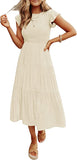 Beige Women's Summer Casual Flutter Short Sleeve Crew Neck Smocked Elastic Waist Tiered Midi Dress - ZESICA | Women's Casual Dresses