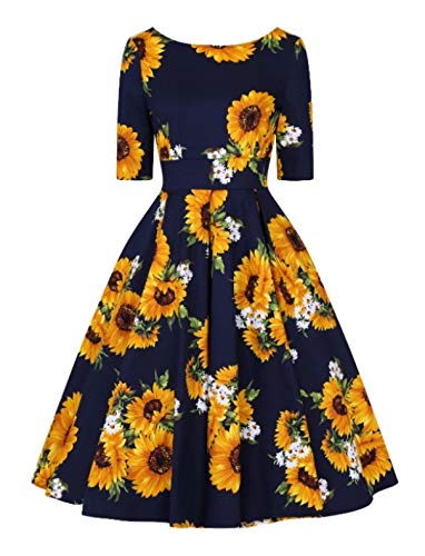 Vintage Navy Sunflower Dress,  Blue Floral