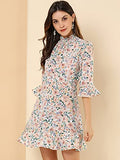 Women's Floral Smocked High Neck 4-Mar Bell Sleeve Belted Flare Ruffle Dress