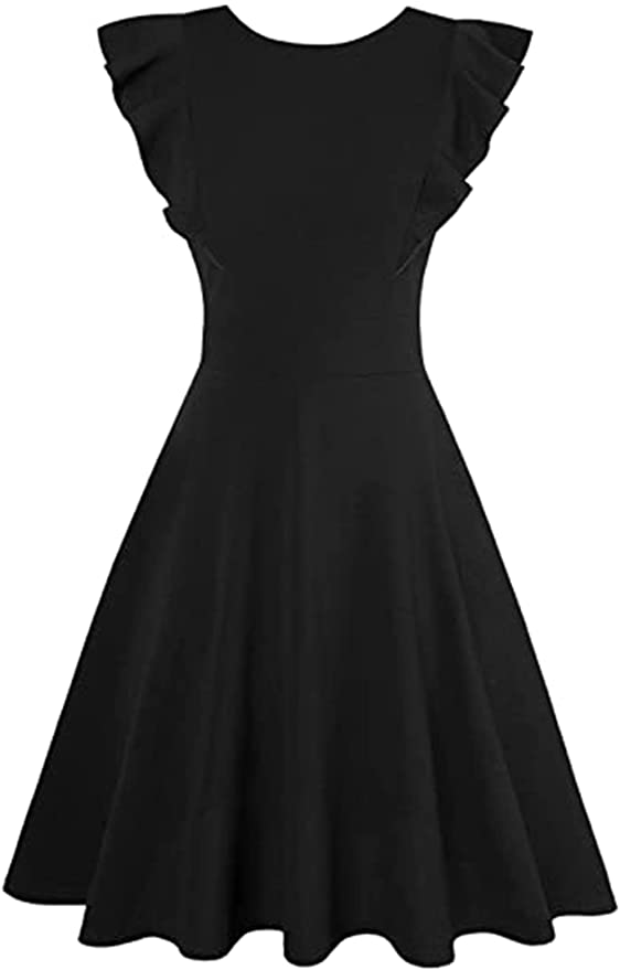 Black Womens Dresses Elegant Ruffles Cap Sleeves Summer A-Line Midi Dress - ECOWISH | Women's Cocktail Dresses