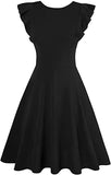 Black Womens Dresses Elegant Ruffles Cap Sleeves Summer A-Line Midi Dress - ECOWISH | Women's Cocktail Dresses