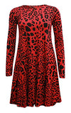 Women's Long Sleeve Scoop Neck Flared Red Leopard Print Skater Swing Mini Dress. UK 26-Aug