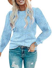 Cucuchy Womens Puff Long Sleeve Sweaters Tops Soft Crew Neck Knit Pullover Shirt