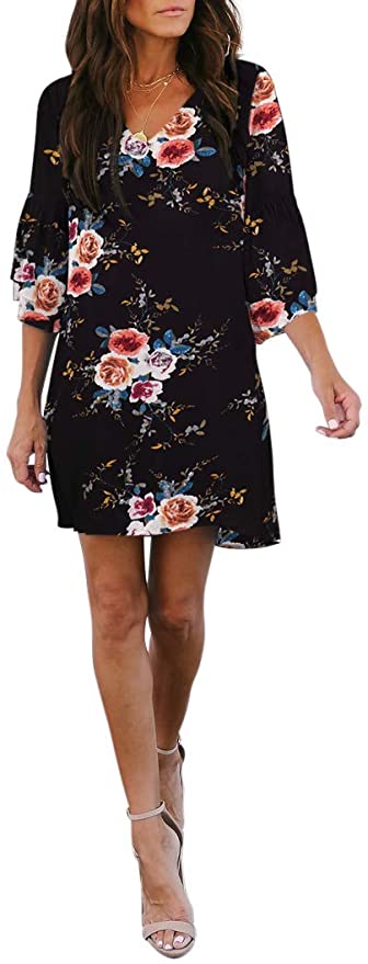 Black Floral Women's Dress Sweet & Cute V-Neck Bell Sleeve Shift Dress Mini Dress - BELONGSCI | Women's Casual Dresses