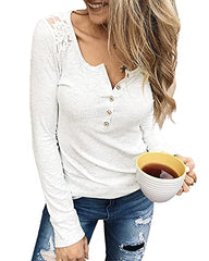 BTFBM Women Long Sleeve V Neck Button Up Solid Tops Blouses Trendy Slim Fit Lace Sleeves Ribbed Knit Casual Shirts Tunic (Hollow Out White, Small) | Women's Casual Dresses