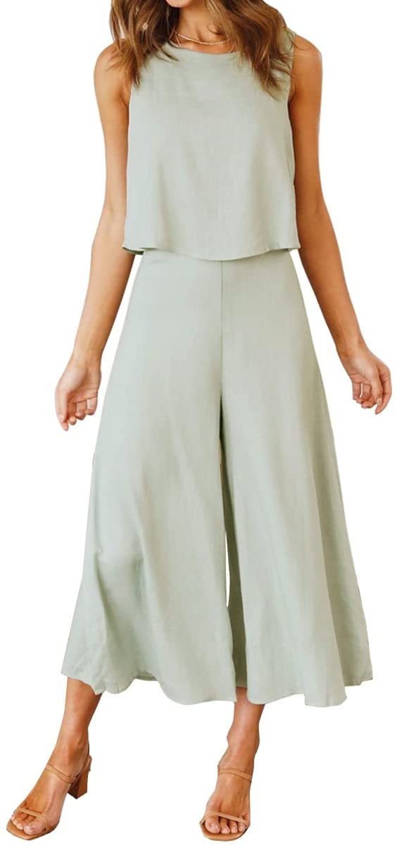 Light Green Women's Summer 2 Piece Outfits Round Neck Crop Basic Top Cropped Wide Leg Pants Set Jumpsuits - ROYLAMP | Women's Romper & Jumper Suit
