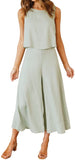 Light Green Women's Summer 2 Piece Outfits Round Neck Crop Basic Top Cropped Wide Leg Pants Set Jumpsuits - ROYLAMP | Women's Romper & Jumper Suit