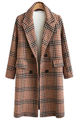 chouyatou Women's Classic Notched Collar Double Breasted Plaid Wool Blend Long Trench Coat